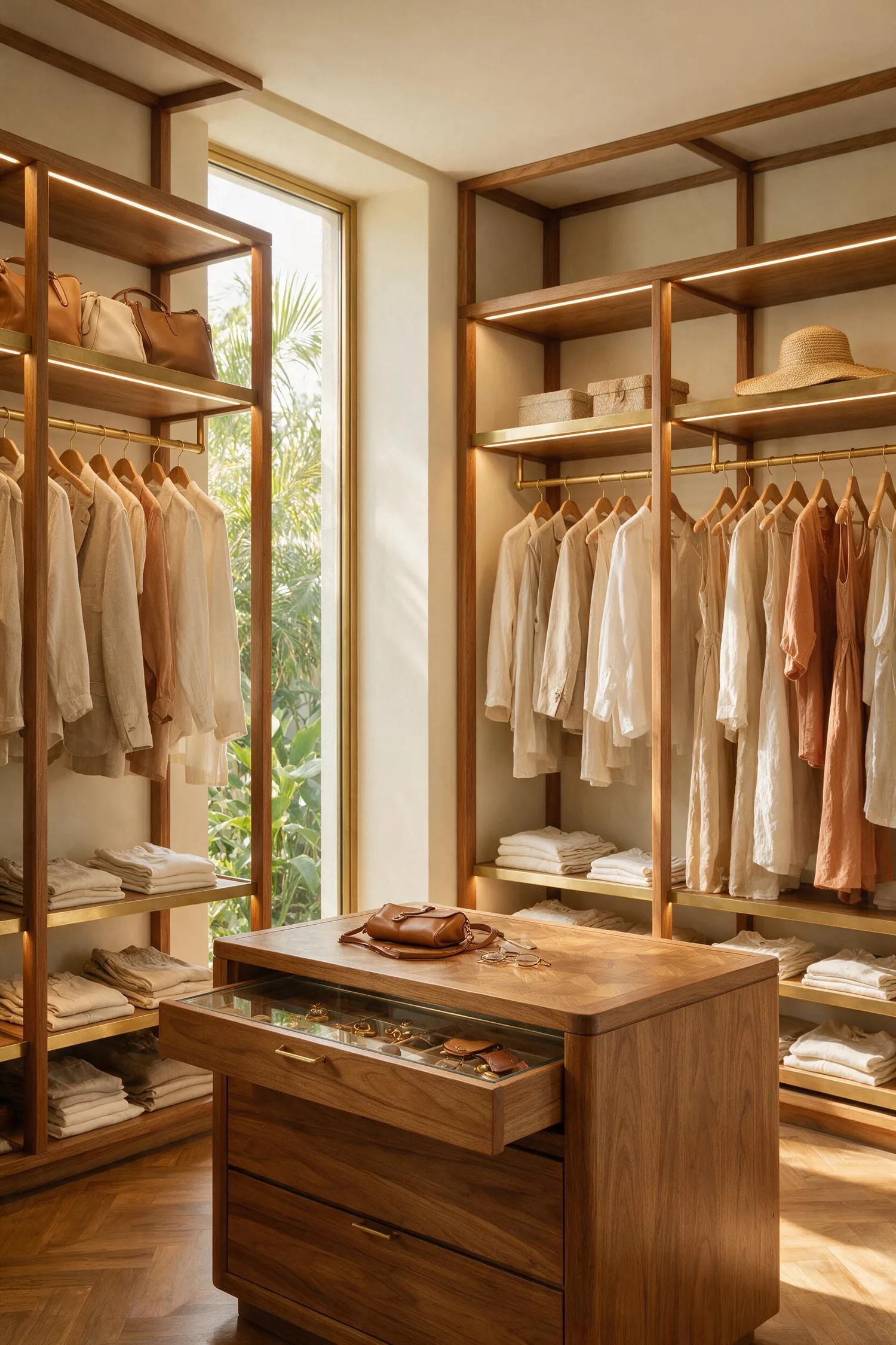 Closet planejado com iluminação embutida executado pela Prumo